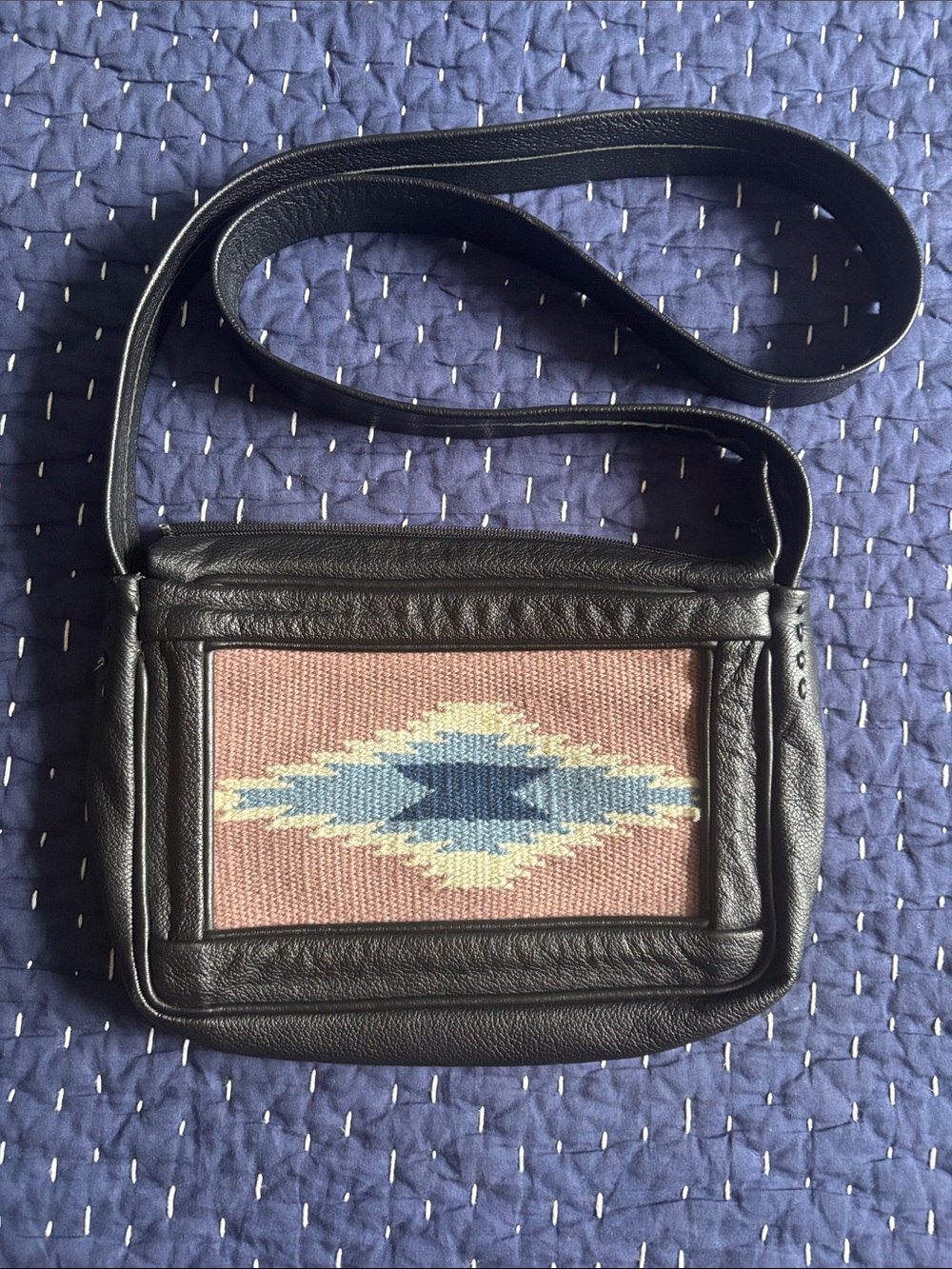 Black Leather Crossbody with Mauve Aztec Front Panel